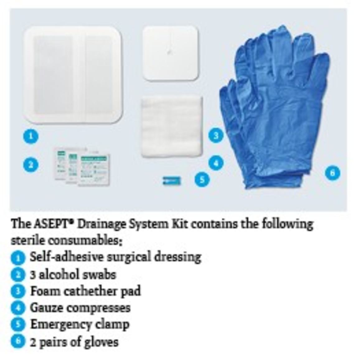 The image displays the ASEPT® Drainage System Kit. It includes a self-adhesive surgical dressing, three alcohol swabs, a foam catheter pad, gauze compresses, an emergency clamp, and two pairs of gloves. The items are arranged for easy identification.