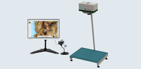 Image displays a medical simulation setup, featuring a monitor showing anatomical visuals, a camera on a stand, and a blue platform with a model figure on it. This arrangement is likely used for educational or training purposes in medical fields.