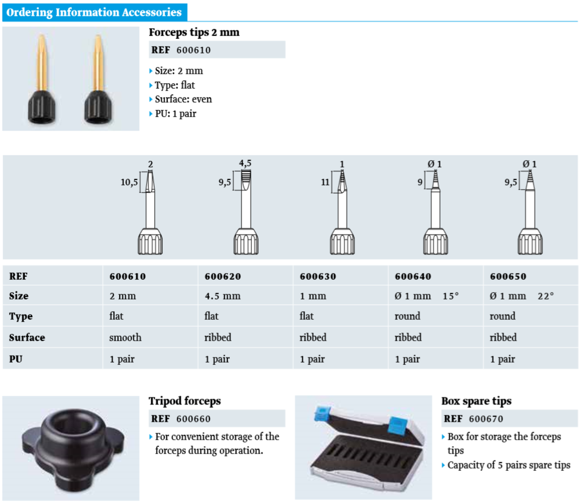 This image displays various forceps tips and accessories, including specifications for size, type, and surface texture. There are multiple options listed, such as flat and round tips, along with a storage box for spare tips and a tripod for holding forceps during use.