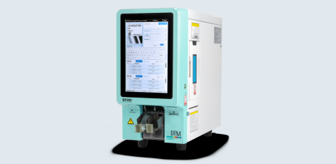 A medical device with a touchscreen display featuring various settings and options. The unit is mainly white with a light blue accent and includes a compartment for inserting samples. It is designed for precise measurement or analysis in a laboratory setting.