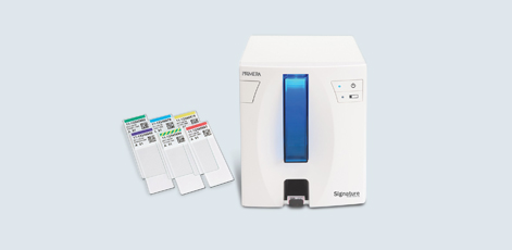 DTM Signature Slide Printer Image of a white medical device with a transparent blue section on the front, designed for testing. Next to it are several test strips in different colors, each labeled. The device features buttons and indicator lights, suggesting ease of use for diagnostic purposes.